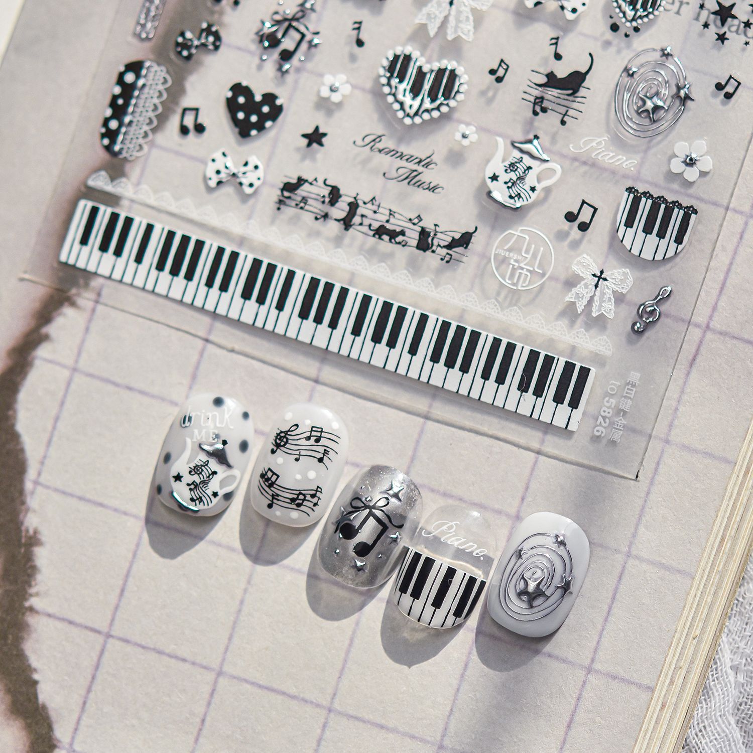 Musical Instrument Images - Czarne Białe Muzyczne Naklejki na Paznokcie